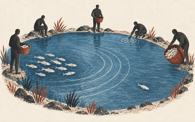 A shared fishery contrasts restrained harvesting with an overflowing catch and depleted fish stocks.