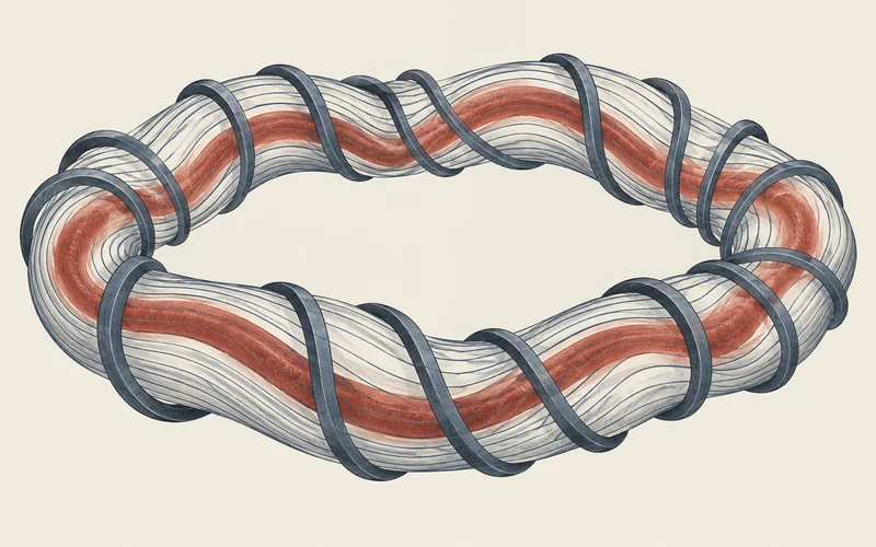 A twisted stellarator ring contains warm plasma and blue magnetic field lines inside dark coils.