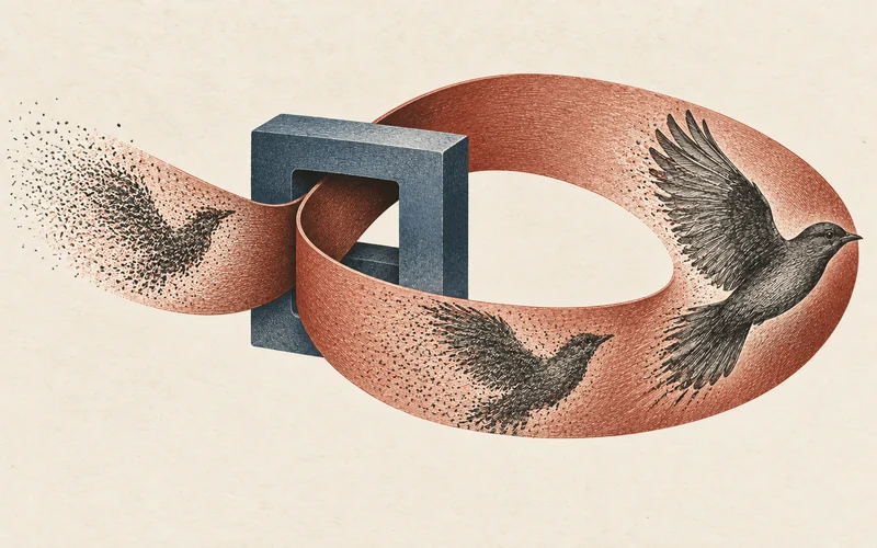 One shared core repeatedly refines scattered marks into a bird along a looping image strip.