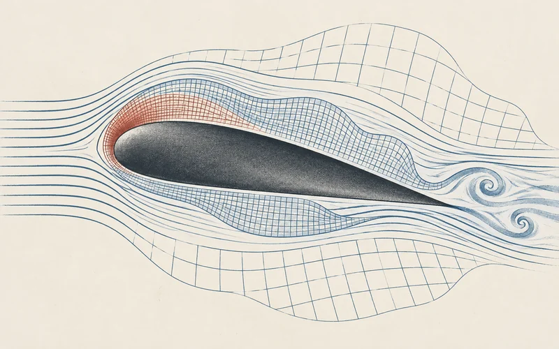 Airflow curves and coarse-to-fine mesh patterns surround a dark airfoil.