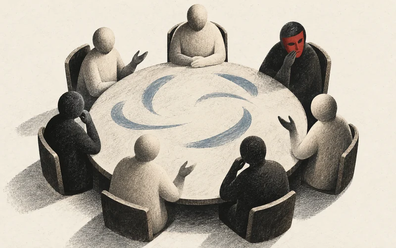 Seven figures gather at a council table, with one wearing a red mask.